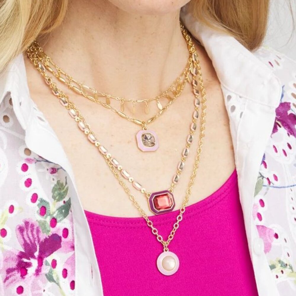 NWT Chico's Pink Convertible Gold Tone Layered Necklace Coquette Aesthetic Gems